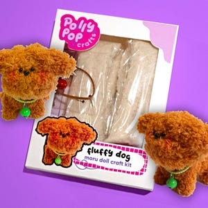 May include: A craft kit to make a fluffy dog plushie. The kit includes two packages of brown fluffy material, a green bell, and a brown cord. The box has the text "Polly Pop Crafts" and "Fluffy Dog Moru Doll Craft Kit".
