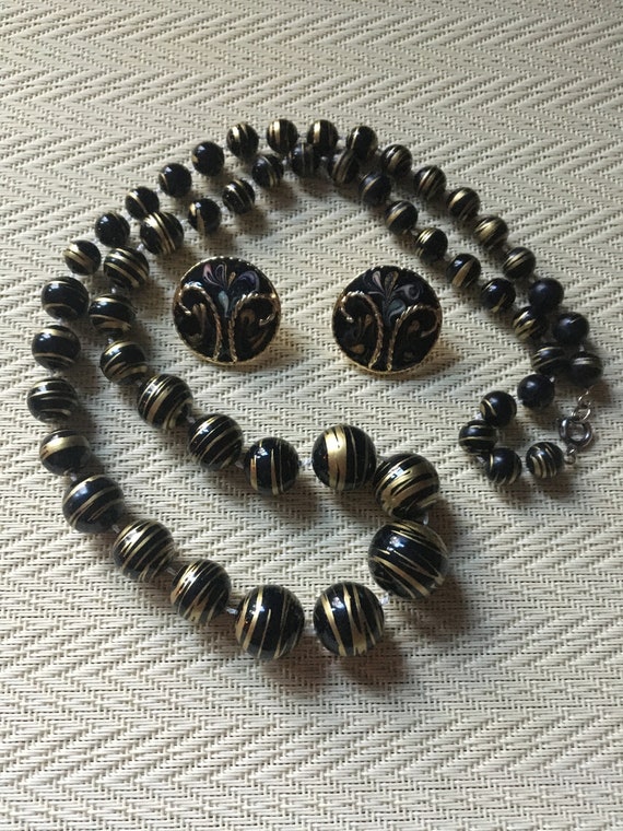 Black beaded necklace and enamel earrings, Amazin… - image 1