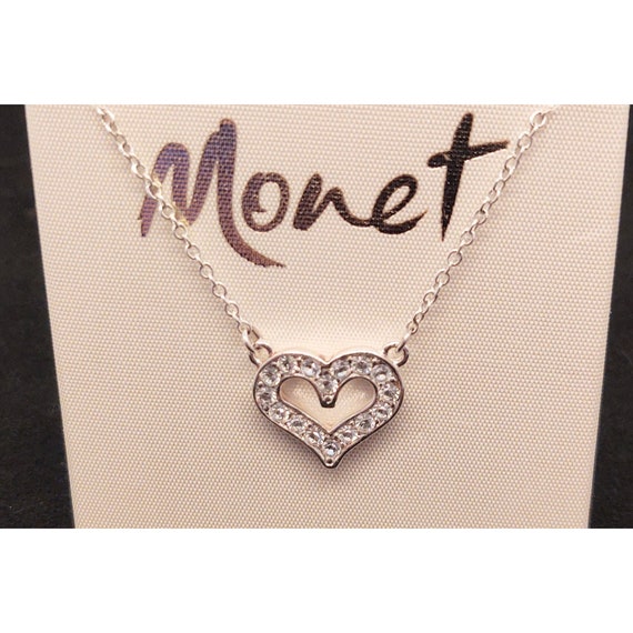 Monet Crystal Heart Silver Tone Necklace Vintage - image 4