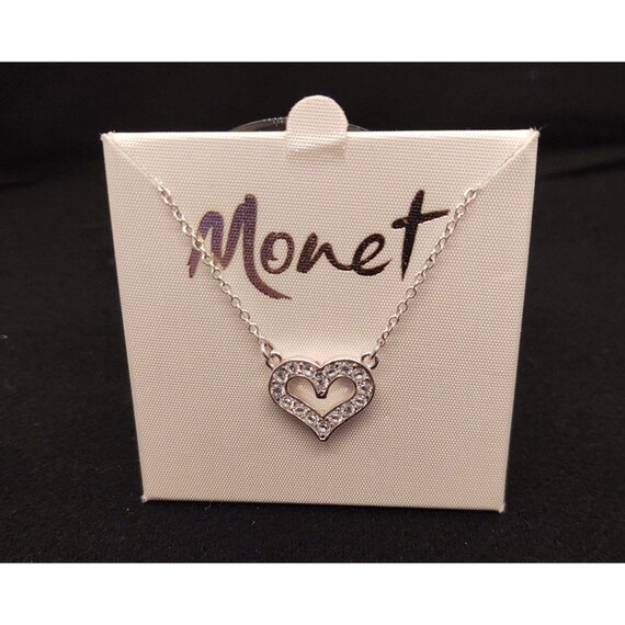 Monet Crystal Heart Silver Tone Necklace Vintage - image 1