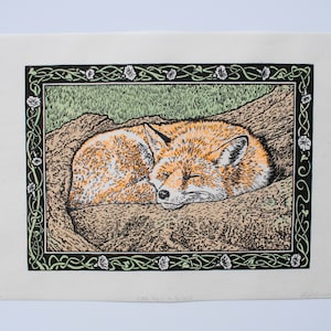 Fox Hand Carved Linocut Relief Print 3 Layer