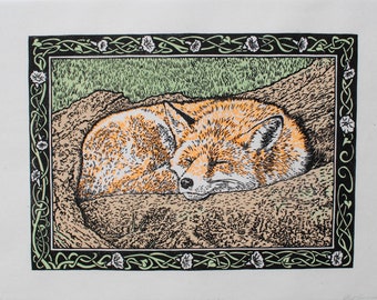 Fox Hand Carved Linocut Relief Print 3 Layer