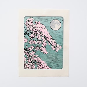 Pink Cherry Blossoms Hand Carved Linocut Print 3 Layer