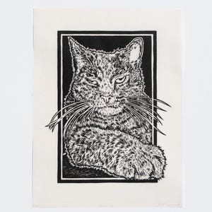 Vickie&#39;s Cat Hand Carved Linocut Print Black Sassy Feline