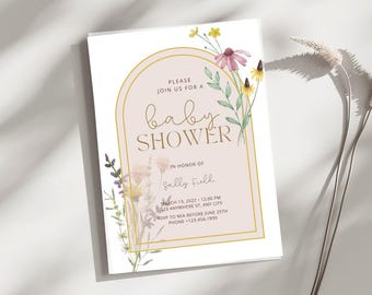 Modello di invito per baby shower con fiori di campo, baby shower alla lavanda, baby shower per bambine, modello di invito per baby shower gender-neutral
