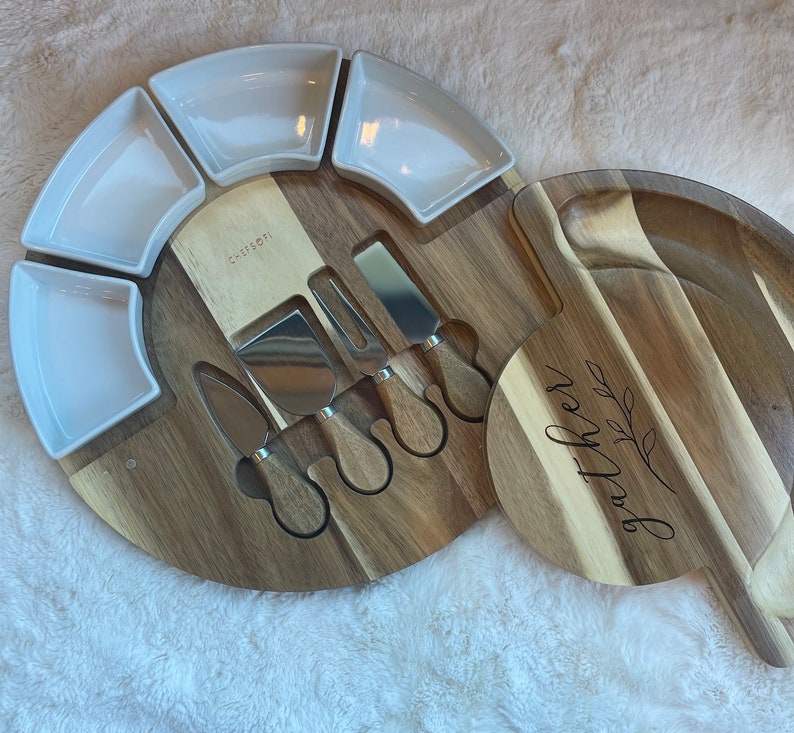 Acacia Wood Charcuterie Cheese Board and Platter Set 13 Inch 4 Knives ...
