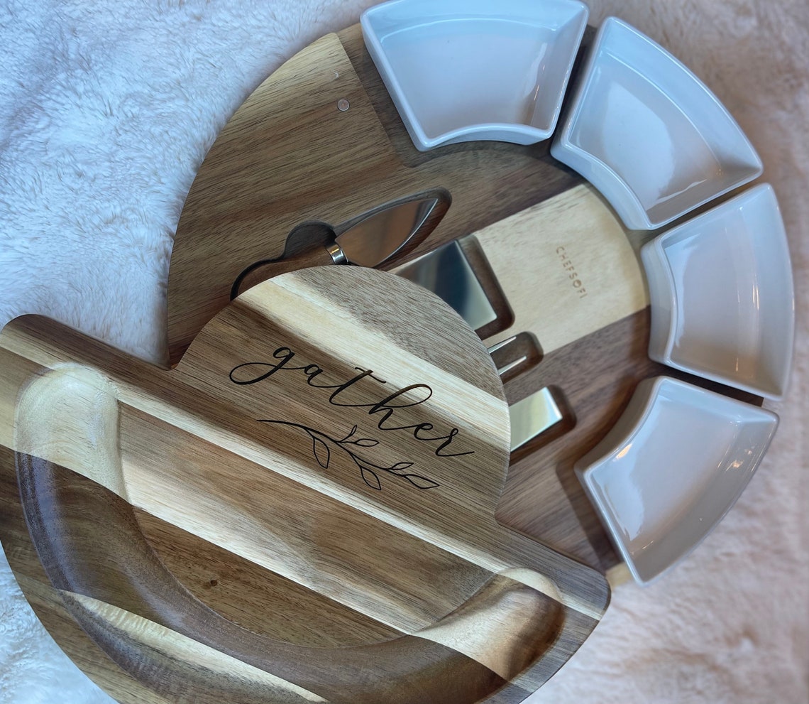 Acacia Wood Charcuterie Cheese Board and Platter Set 13 Inch 4 Knives ...
