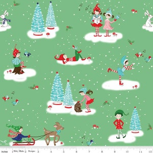 May include: A green fabric with a repeating pattern of elves, deer, birds, and Christmas trees. The elves are wearing red and white hats and are doing various activities, such as singing, ice skating, and playing with a hedgehog. The deer is brown and has antlers. The birds are blue and are singing. The Christmas trees are green and have red ornaments. The background is a light green with white snowflakes.