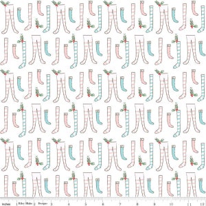 May include: A repeating pattern of illustrated legs, stockings, and sprigs of holly on a white background. The legs and stockings are in various colors, including pink, blue, and white, with striped and solid designs. The image is measured in inches.
