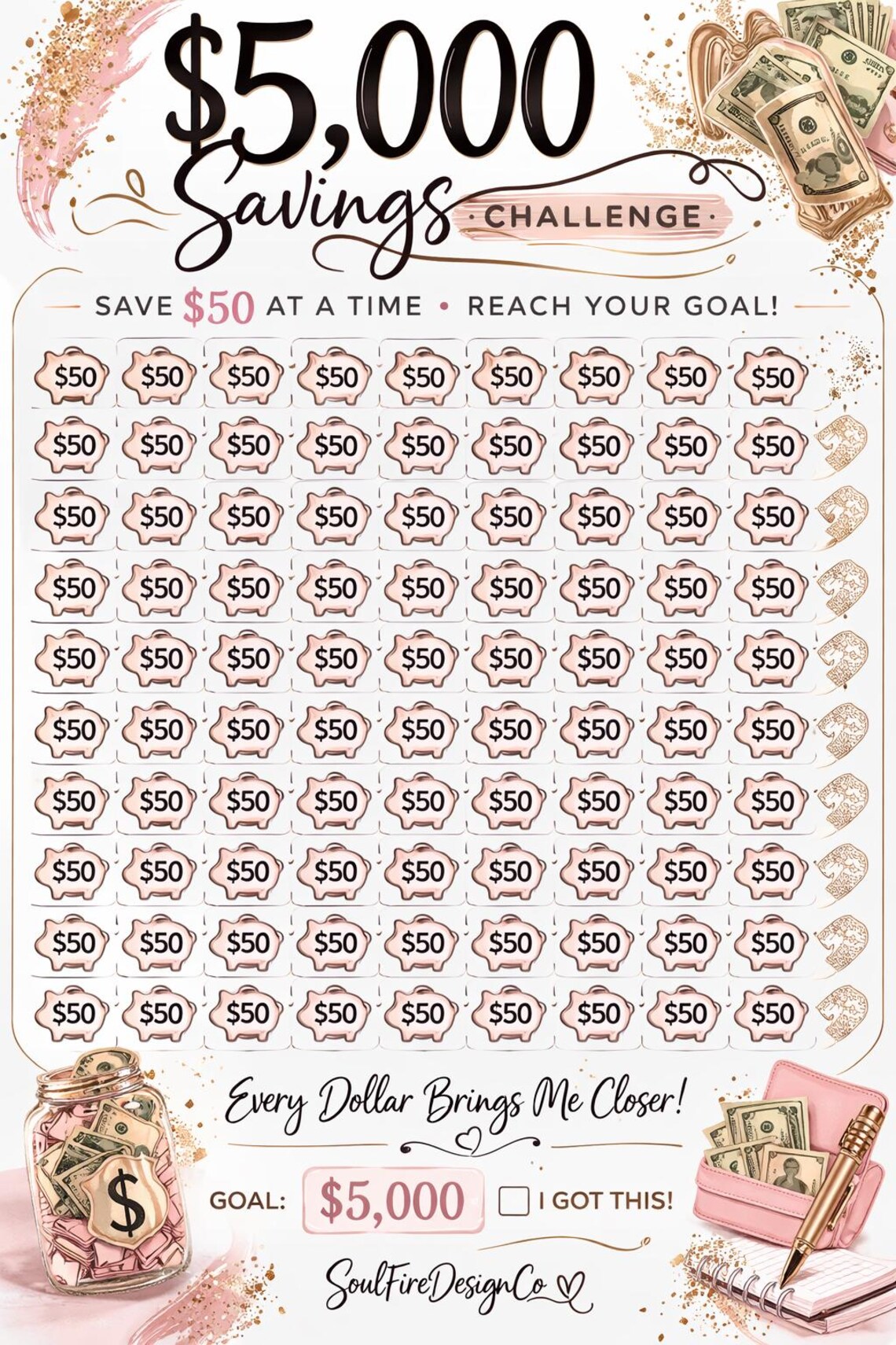 5,000 Dollar Savings Challenge Tracker, Money Saving Budget Planner ...