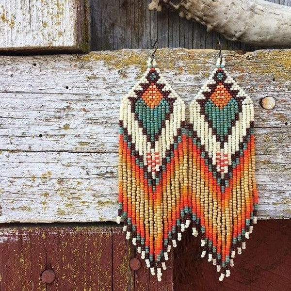 Beadwork earrings, Multi Colours earrings Beaded earrings Ethnic earrings American native Seed beads earrings Fringe earrings Boho earrings