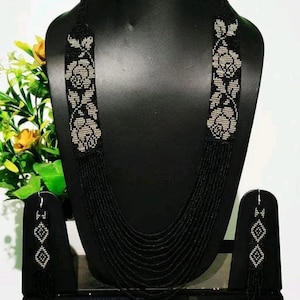flower Black white Beaded ,Ukrainian Necklace,beaded necklace Gerdan with national Ukrainian pattern in traditional Ukrainian,with Earring