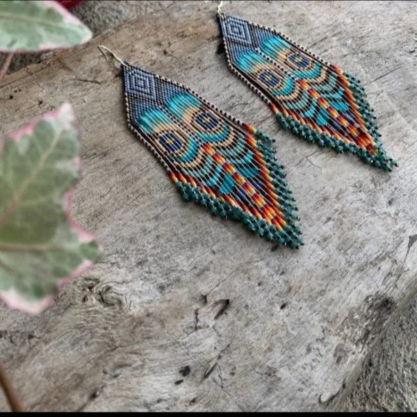 Beadwork earrings, Multi Colours earrings Beaded earrings Ethnic earrings American native Seed beads earrings Fringe earrings Boho earrings