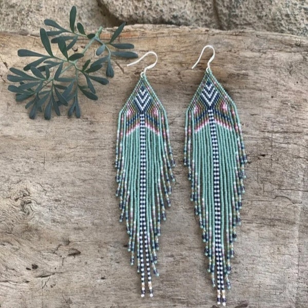 Beadwork earrings, Multi Colours earrings Beaded earrings Ethnic earrings American native Seed beads earrings Fringe earrings Boho earrings
