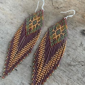 Beadwork earrings, Multi Colours earrings Beaded earrings Ethnic earrings American native Seed beads earrings Fringe earrings Boho earrings