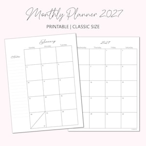 May include: A printable monthly planner for 2027 in a classic size. The planner features a white background with a calendar layout for January and a second month. The text "Monthly Planner 2027" is at the top.