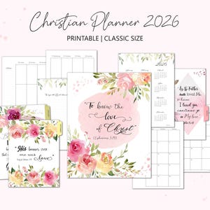 Può includere: Una collezione di pagine di pianificatore cristiano stampabili per il 2026, con disegni floreali e citazioni ispiratrici. Le pagine includono calendari, layout settimanali ed elementi decorativi. Il testo "Christian Planner 2026" è in alto.