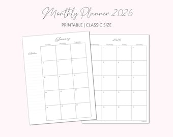 2026 Monthly Planner Printable, 2 Page Month Calendar Insert for Classic Size Planner (PDF Download)