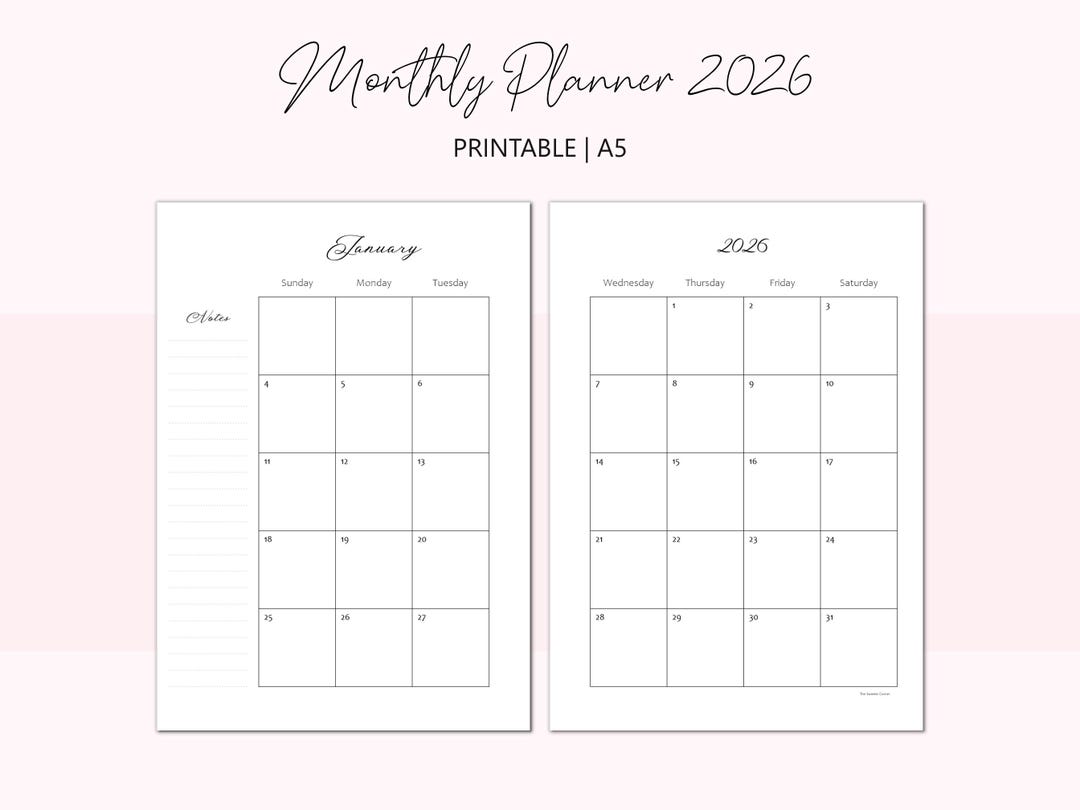 A5 2026 Monthly 6 Ring Planner Insert, MO2P Printable 2026, A5 Monthly ...