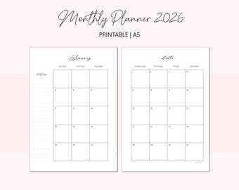 2026 A5 Monthly Planner Insert: 6-Ring Printable 2 Page Calendar (PDF Download)