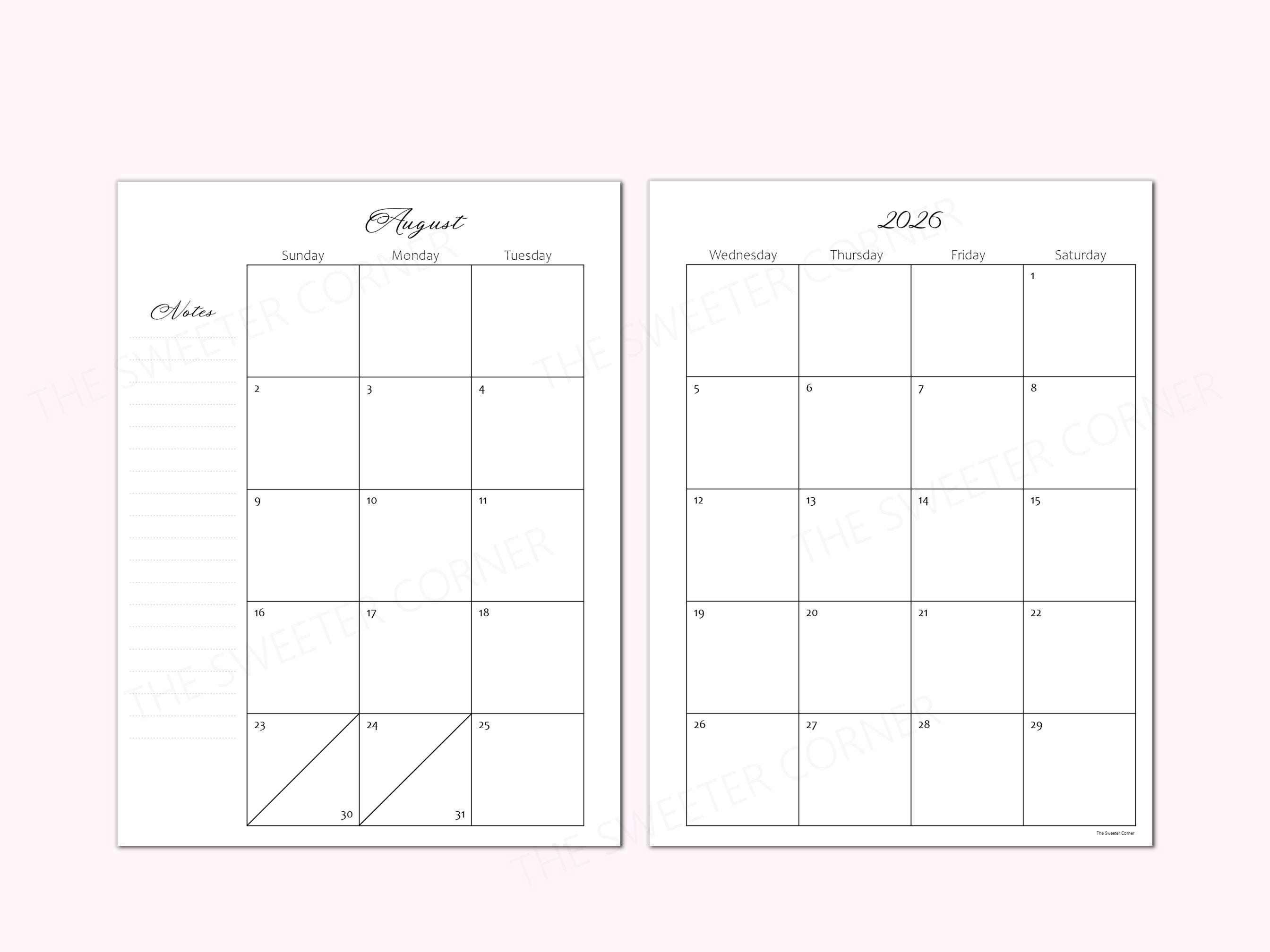 2026 Monthly Planner Printable, 2 Page Month Calendar Insert for ...