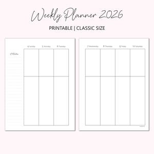 May include: Two-page printable weekly planner for 2026. The left page has space for notes and the days Sunday, Monday, and Tuesday. The right page has space for Wednesday, Thursday, Friday, and Saturday. The planner is labeled "Printable | Classic Size."