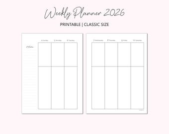 2026 Weekly Planner Printable, Vertical Layout WO2P Classic Size
