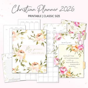 May include: A printable Christian planner for 2026 in classic size. The planner features a floral design with pink and yellow flowers on a white background. The text "My peace I give unto you" is printed on the cover. The planner includes monthly calendars, weekly spreads, and note pages.