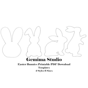 May include: White line drawings of four Easter bunny silhouettes. The image includes the text "Gemima Studio" and "Easter Bunnies Printable PDF Download Templates 4 Styles 6 Sizes".