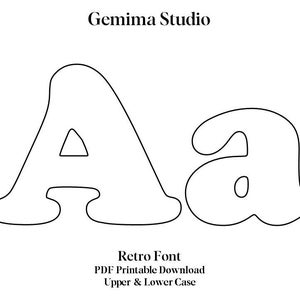 May include: A black and white image showing the letters "A" and "a" in a retro font. The text "Gemima Studio" is at the top, and "Retro Font PDF Printable Download Upper & Lower Case" is at the bottom of the image.