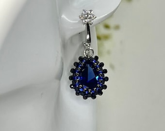 Black blue crystals silver zirconia earrings Modern trendy drop attractive fashion earrings. Shiny crystals beaded earrings