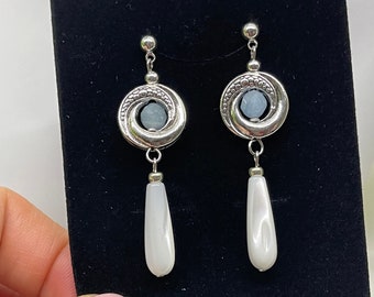 Natural Acquamarine or Amethyst or Rose Quartz natural shell silver stud earrings. Long drop dangle birthstone earrings