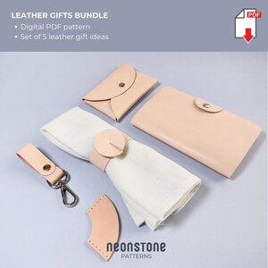May include: A collection of leather gift ideas, including a small wallet, a long wallet, a keychain, a napkin ring, and a leather piece. The items are in a light tan color. The text "LEATHER GIFTS BUNDLE" and "neonstone PATTERNS" are visible.