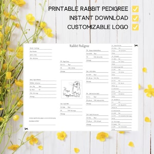 May include: A white printable rabbit pedigree form featuring black text, lines for breeder and rabbit information, and a central line drawing of a rabbit with the text 'Hego Hoppies'. The document includes the text 'PRINTABLE RABBIT PEDIGREE', 'INSTANT DOWNLOAD', and 'CUSTOMIZABLE LOGO'.