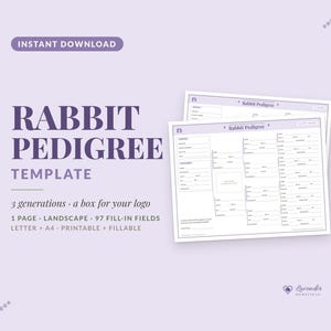 May include: A digital rabbit pedigree template featuring a three-generation chart with 97 fill-in fields, a logo box, and landscape orientation. The document is titled Rabbit Pedigree and includes text specifying it is a one-page printable template.