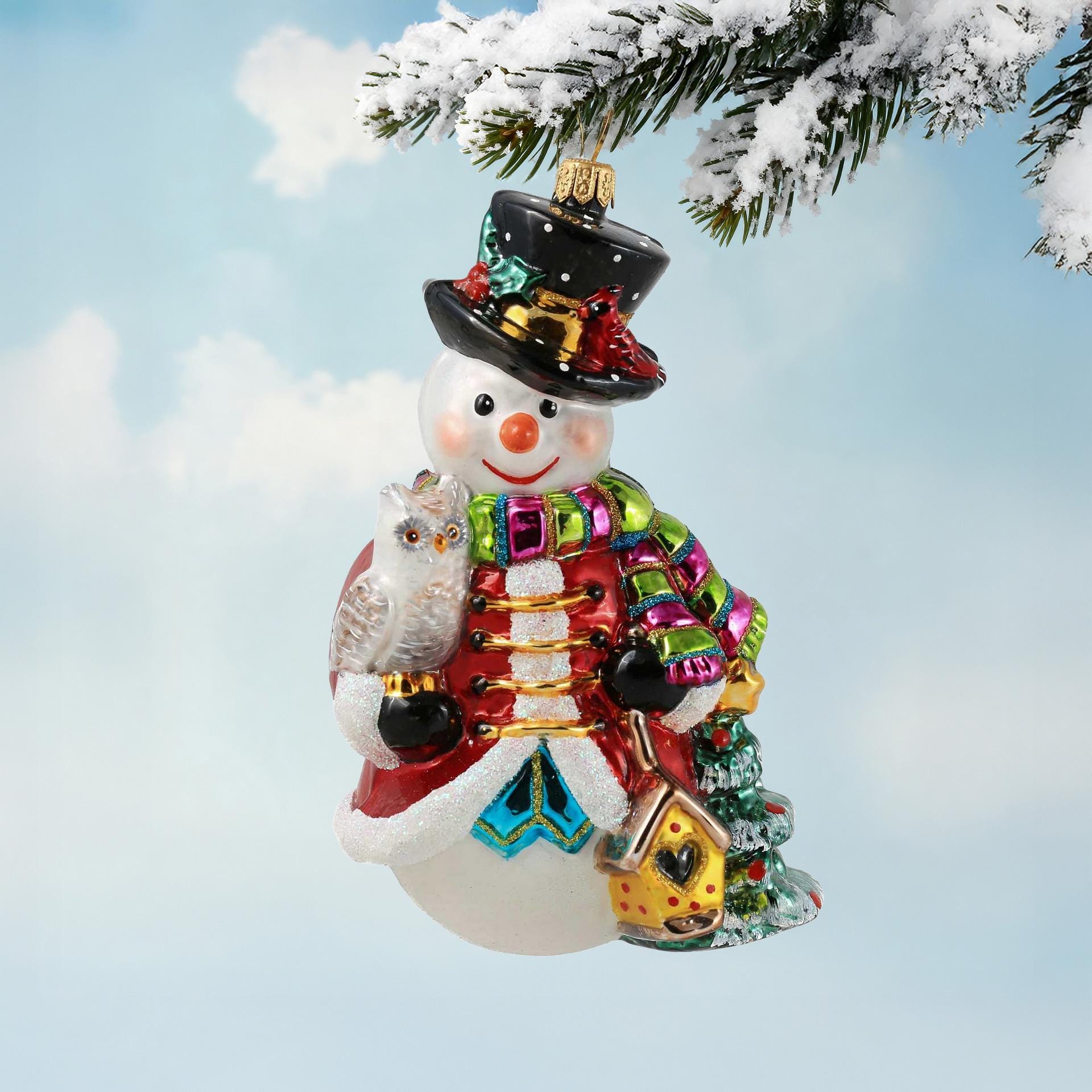 Miss Christmas Happy Snowman in Holiday Colors Hand-painted Blown Glass Christmas Ornament