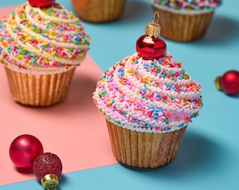 Miss Christmas Cupcake with Cherry on Top Hand-painted Blown Glass Christmas Ornament