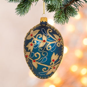 Miss Christmas Palace Collection Elegant Blue and Gold Hand-painted Fabergé Style Glass Christmas Ornament