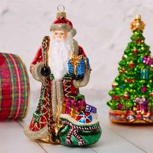 Miss Christmas Classic Santa with Gift Bag Hand-painted Blown Glass Christmas Ornament