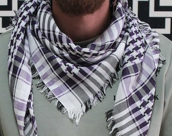 White Purple, plaid, shemagh, kufiya, keffiyeh, scarf, palestine, Hebron city, keffiye masks, Middle East, Bandana, Face Palestine Scarf