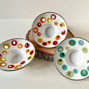 3 Ikea Vintage Enamelled Candle Tea Light Holders, Colorful Retro Metal Candle Holders, Atomic Space Age Design Candleholders Eclectic Decor
