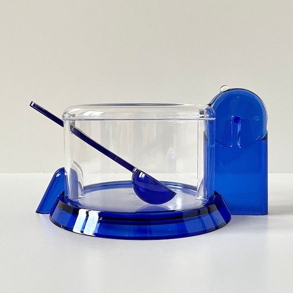 Vintage GUZZINI Preserve Jar 90s Blue Lucite Plastic Sugar Bowl Italian Postmodern Space Age Design Retro Mid Century Mod Tableware