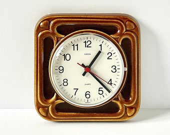 1970s Ceramic Wall Clock EUROPA Quartz Germany Vintage Kitchen Clock Retro Mid Century Modern Unique Glazed Stoneware Art Wall Decoration