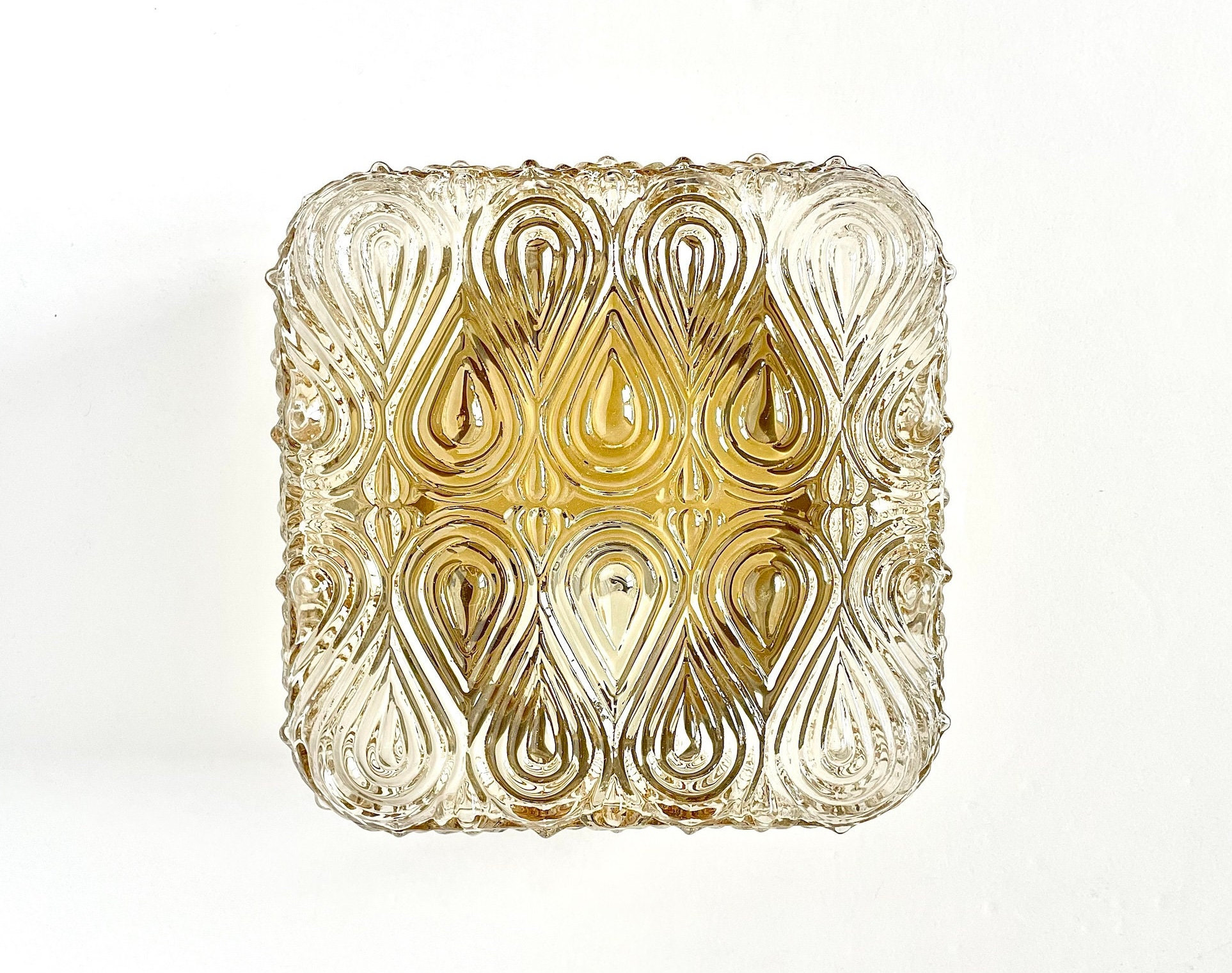 60s Mid Century Modern Ceiling Light Amber Pressed Glass Vintage Antique Wall Decor Flush Mount Fixture Gold Hanging Lamp Wall Ceiling