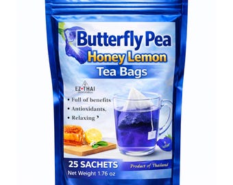 Butterfly Pea 25 Tea Bags - Hot Brew Honey Lemon Herbal Tea, Caffeine Free