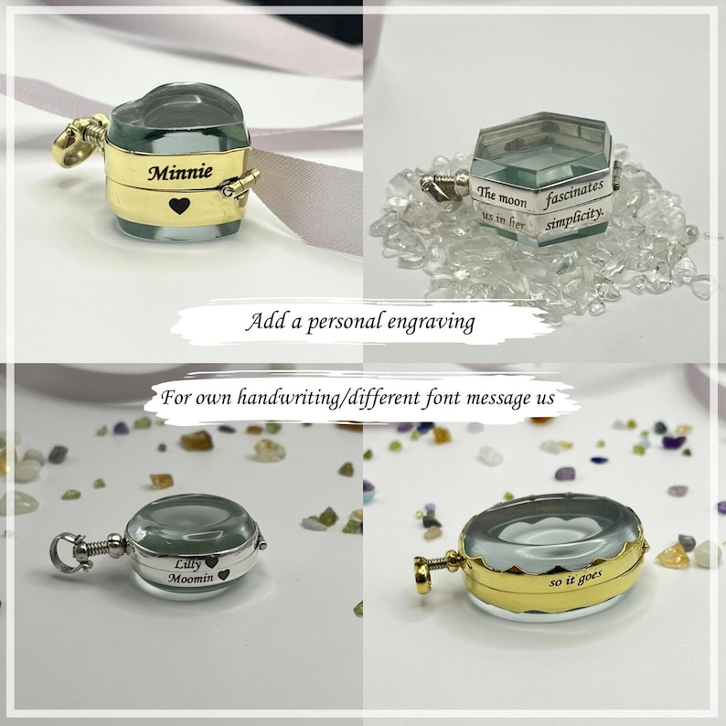 May include: Four distinct metal and glass lockets featuring personalized engravings. One gold locket reads Minnie with a heart, another hexagonal silver locket reads The moon fascinates us in her simplicity, a round silver one reads Lilly Moomin, and a gold one reads so it goes.