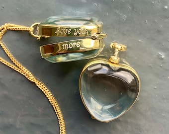 Medaglione a forma di cuore in argento o oro, riempibile, di medie dimensioni, profondo, con messaggio segreto, collana con nome, medaglione a forma di cuore, medaglione per amanti, medaglione shaker in vetro inciso