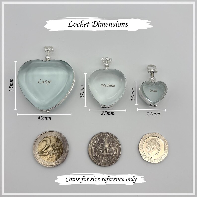 May include: Three heart-shaped lockets in silver, labeled Large (40mm x 35mm), Medium (27mm x 27mm), and Small (17mm x 17mm). The image includes coins for size comparison. Text reads "Locket Dimensions" and "Coins for size reference only."