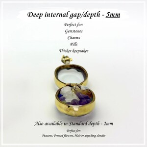 May include: A gold locket with a hinged opening, filled with small gemstones. The text reads "Deep internal gap/depth - 5mm" and "Also available in Standard depth - 2mm". The locket is designed to hold gemstones, charms, pills, thicker keepsakes, pictures, pressed flowers, or hair.