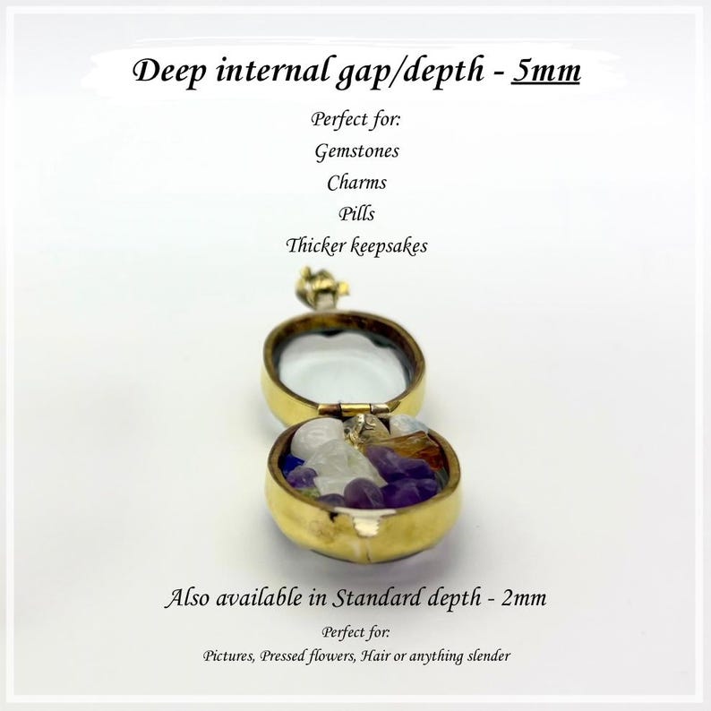 May include: A gold locket with a hinged opening, filled with small gemstones. The text reads "Deep internal gap/depth - 5mm" and "Also available in Standard depth - 2mm". The locket is designed to hold gemstones, charms, pills, thicker keepsakes, pictures, pressed flowers, or hair.